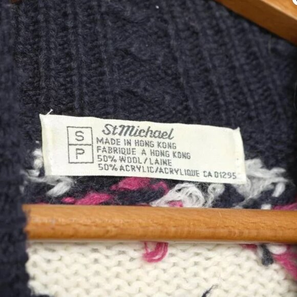 Vintage St Michael Fair Isle Wool Blend Sweater Pullover Navy Blue White Pink - Picture 6 of 13